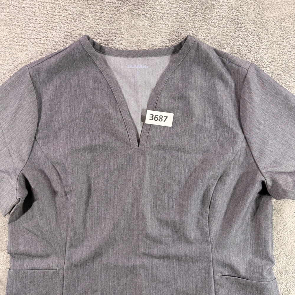 Jaanuu Scrub Top Women L Grey V-Neck Short‎ Sleeve W10003 Heathered Medical